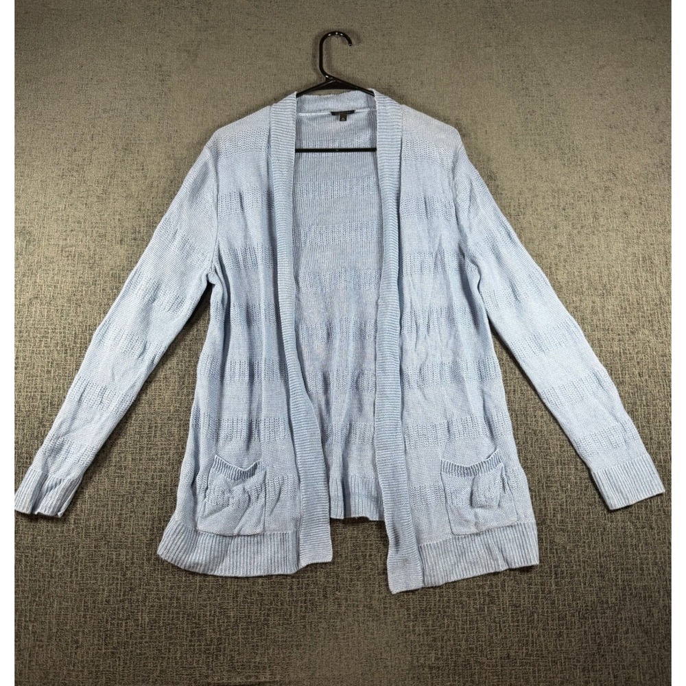 Talbots Womens XL Light Blue Open Front Textured Knit Cardigan Sweater Pockets